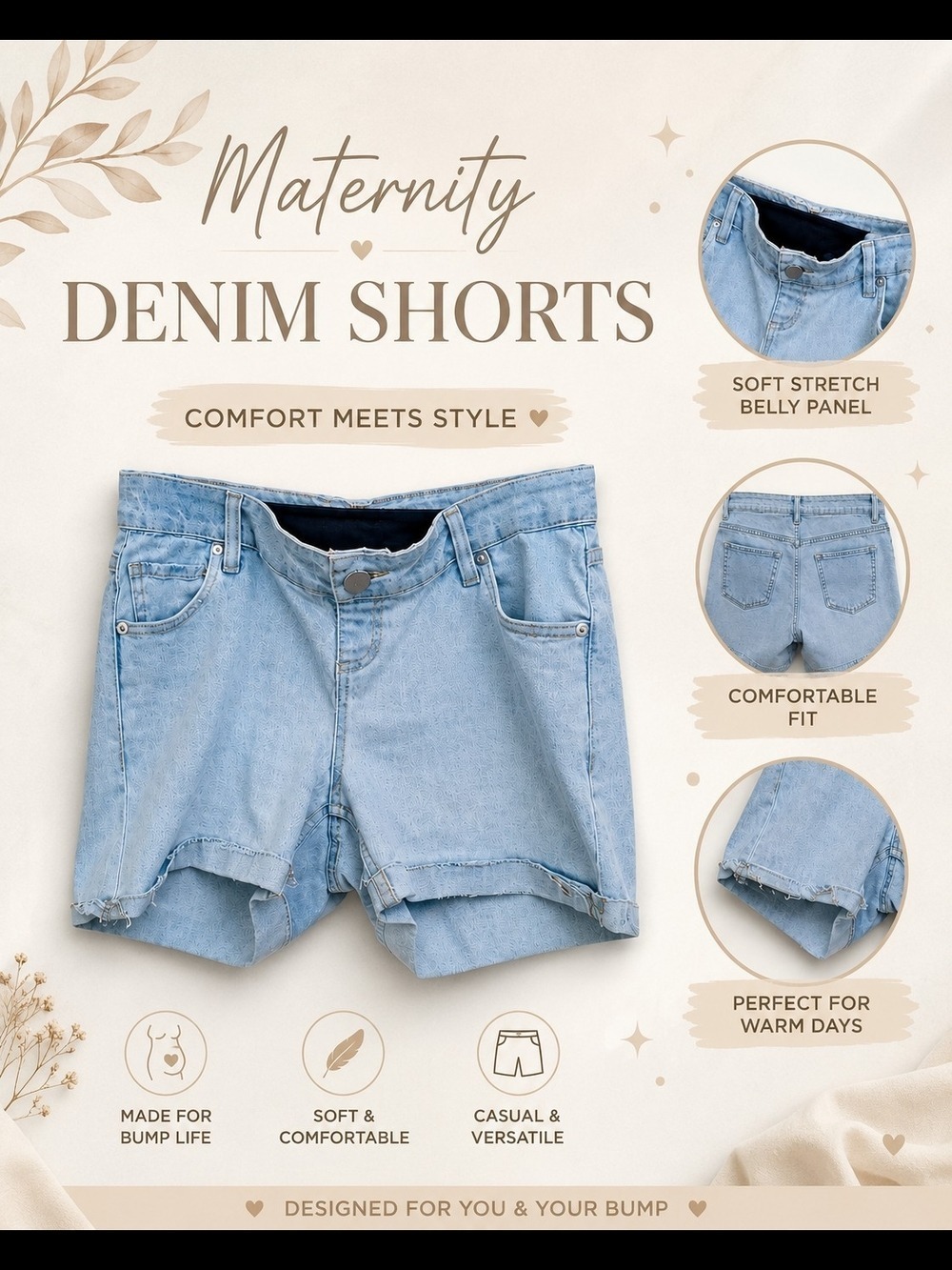 Maternity Denim Shorts Light Blue Stretch